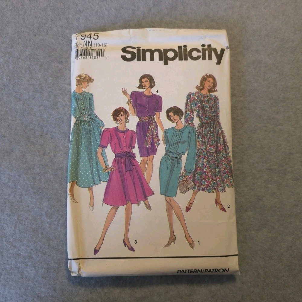 Vintage Simplicity 7945 Dress Pattern Size 10-16 UNCUT 1980s Belted Puff Sleeve